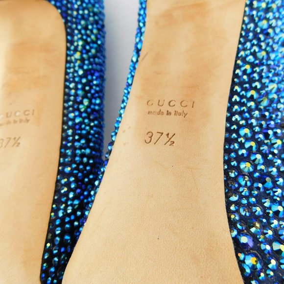 GUCCI Brilliant Blue Crystal Open Toe Heel Pumps 37.5 - Picture 8 of 11